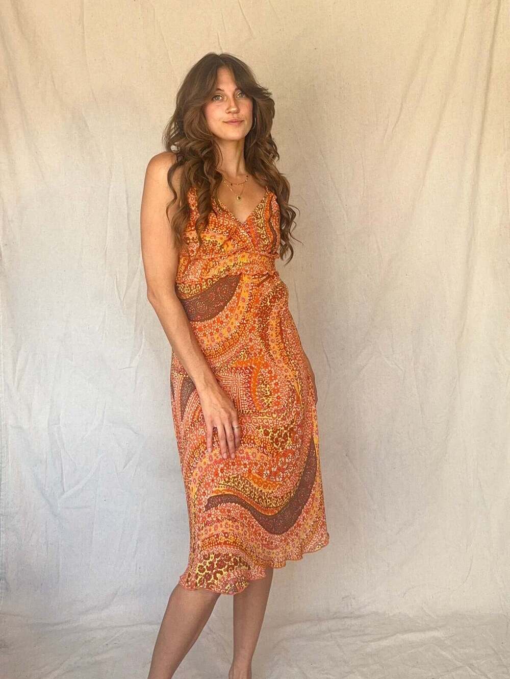 Orange Floral Swirl Ruffled Strappy Sundress Summer Wedding Guest